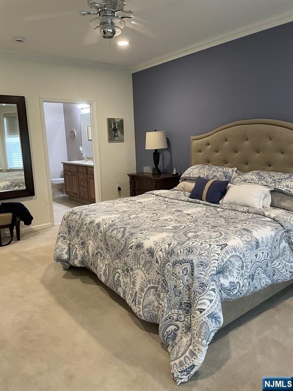 5 Cliff Rd Unit C1, Woodland Park, NJ 07424 - bedroom featuring light carpet, crown molding, ensuite bath, and a ceiling fan