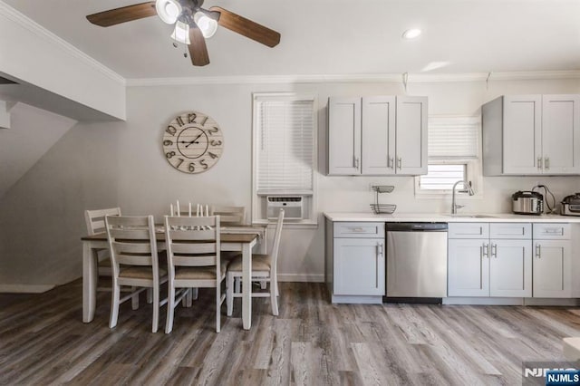 187 Wallington Ave, Wallington, NJ 07057 - kitchen with stainless steel dishwasher, a ceiling fan, ornamental molding, wood finished floors, and gray cabinets