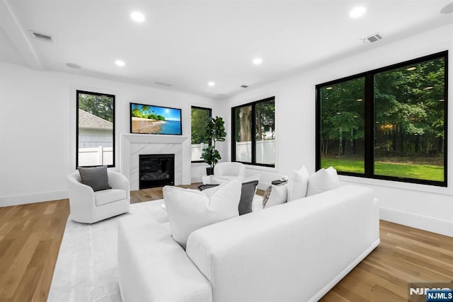 452 Oregon St, Paramus, NJ 07652 - living area featuring a premium fireplace, wood finished floors, and recessed lighting
