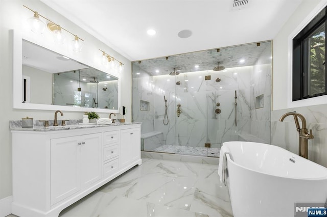 452 Oregon St, Paramus, NJ 07652 - bathroom featuring a marble finish shower, a soaking tub, marble tiled flooring, double vanity, and recessed lighting