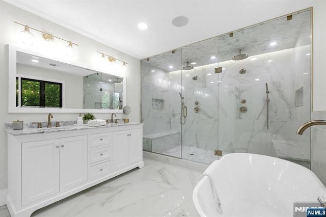 452 Oregon St, Paramus, NJ 07652 - bathroom with a marble finish shower, a freestanding bath, marble finish flooring, double vanity, and recessed lighting