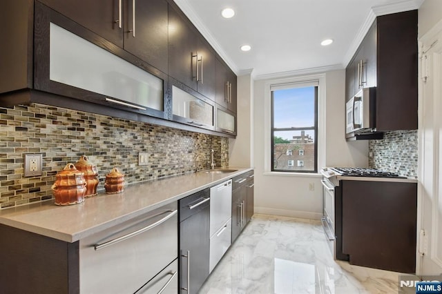 375 Mount Prospect Unit 6B, Newark, NJ 07104 - kitchen featuring appliances with stainless steel finishes, light marble finish floors, light countertops, recessed lighting, and decorative backsplash