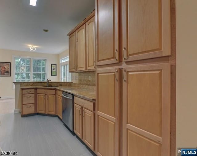 140 Levinberg Ln, Wayne, NJ 07470 - kitchen featuring stainless steel dishwasher, a peninsula, light brown cabinetry, and light stone countertops