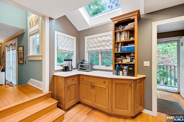 747 Mildred St, Teaneck, NJ 07666 - bar area featuring a skylight, light wood finished floors, and lofted ceiling