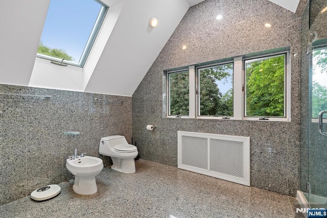 747 Mildred St, Teaneck, NJ 07666 - bathroom with radiator, a bidet, a stall shower, tile walls, and a skylight