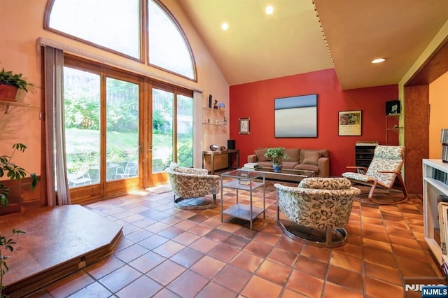 279 Jefferson Ave, Cresskill, NJ 07626 - living area with high vaulted ceiling, tile patterned floors, and recessed lighting