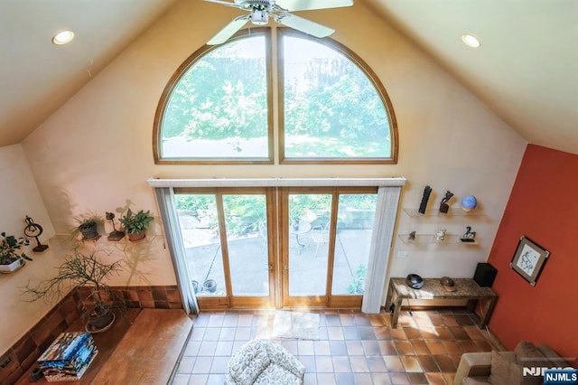 279 Jefferson Ave, Cresskill, NJ 07626 - living room with a ceiling fan, healthy amount of natural light, tile patterned flooring, high vaulted ceiling, and recessed lighting