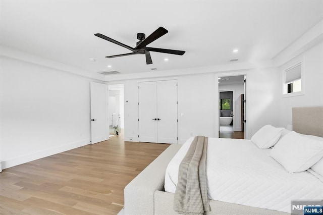 404 Willard Rd, Paramus, NJ 07652 - bedroom featuring wood finished floors, recessed lighting, connected bathroom, and a ceiling fan