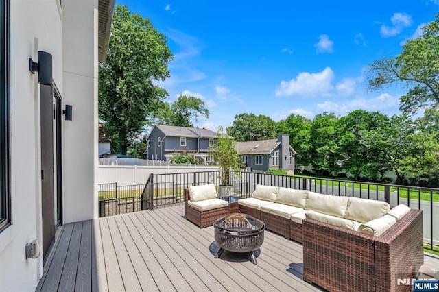 404 Willard Rd, Paramus, NJ 07652 - wooden deck featuring an outdoor living space with a fire pit and a residential view