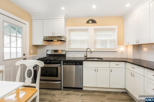 39 Lexington Ave, Bloomfield, NJ 07003 - kitchen featuring appliances with stainless steel finishes, under cabinet range hood, white cabinetry, tasteful backsplash, and recessed lighting