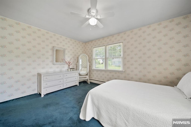 758 Koch Peak Ave, Twp Of Washington, NJ 07676 - bedroom with wallpapered walls, dark colored carpet, baseboard heating, and a ceiling fan