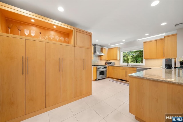 811 Domm Ct, Wyckoff, NJ 07481 - kitchen with appliances with stainless steel finishes, wall chimney exhaust hood, tasteful backsplash, light stone countertops, and light tile patterned floors