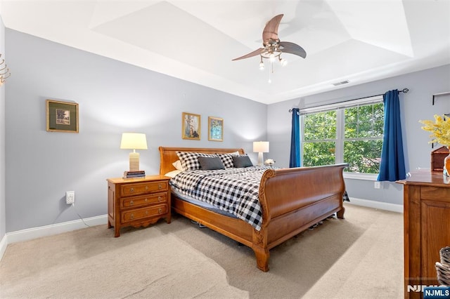 6 Elston Ct, Wanaque, NJ 07420 - bedroom featuring a tray ceiling, light colored carpet, and a ceiling fan