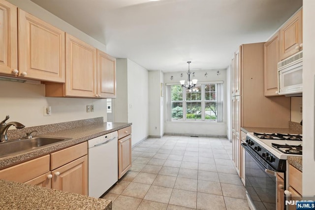71 Butternut Dr Unit 71, Wayne, NJ 07470 - kitchen featuring white appliances, light brown cabinets, a chandelier, and light tile patterned flooring