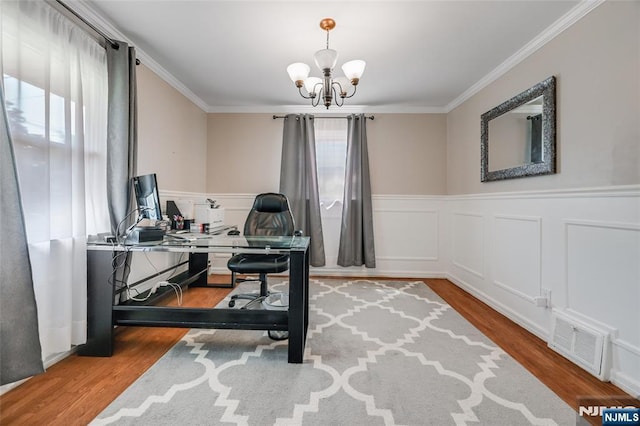 23 Bromley Pl, Bloomfield, NJ 07003 - office space featuring a chandelier, wood finished floors, ornamental molding, and a wainscoted wall