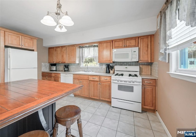 23 Bromley Pl, Bloomfield, NJ 07003 - kitchen with white appliances, a chandelier, decorative backsplash, and light countertops