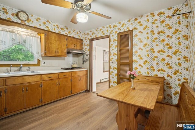 28 Stylon Rd, Wayne, NJ 07470 - kitchen with wallpapered walls, under cabinet range hood, a baseboard radiator, light wood finished floors, and light countertops