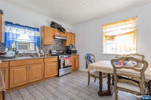 320 Clifton Ave, Newark, NJ 07104 - kitchen with stainless steel appliances, under cabinet range hood, tasteful backsplash, brown cabinets, and an ornate ceiling