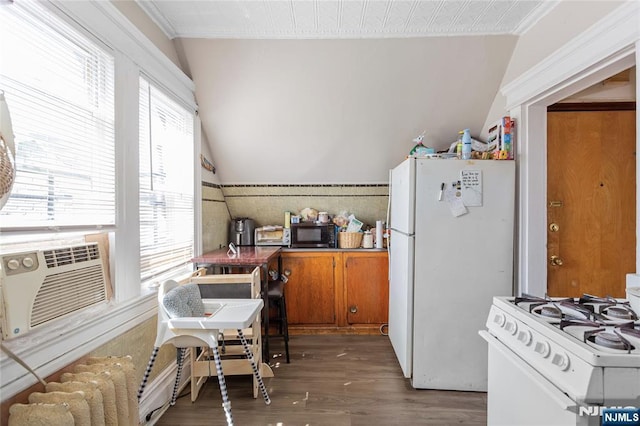 320 Clifton Ave, Newark, NJ 07104 - kitchen featuring white appliances, wood finished floors, brown cabinetry, radiator, and a wainscoted wall