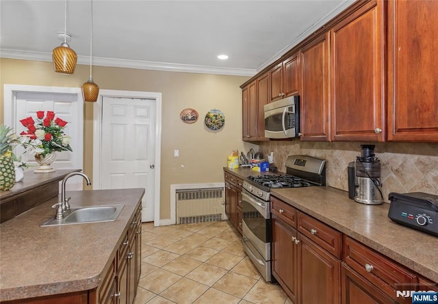 320 Clifton Ave, Newark, NJ 07104 - kitchen with appliances with stainless steel finishes, radiator heating unit, decorative backsplash, crown molding, and light tile patterned flooring