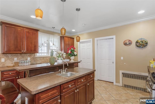 320 Clifton Ave, Newark, NJ 07104 - kitchen featuring radiator, backsplash, hanging light fixtures, light tile patterned flooring, and an island with sink