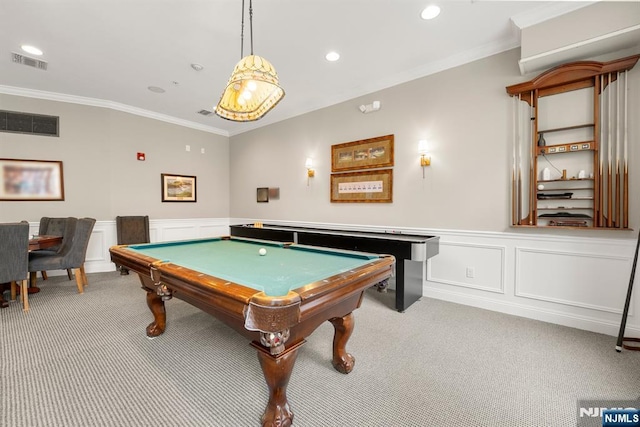 7303 Ravenscroft Rd Unit 570, Clifton, NJ 07013 - recreation room featuring carpet floors, crown molding, billiards table, recessed lighting, and a decorative wall