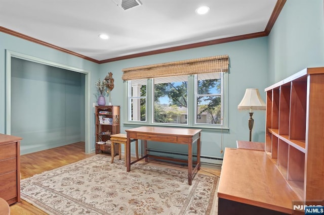 506 Salem St, Paramus, NJ 07652 - home office featuring crown molding, wood finished floors, recessed lighting, and a baseboard heating unit