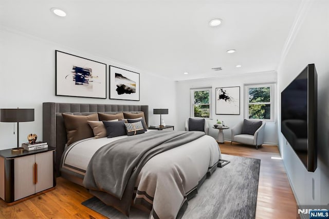 506 Salem St, Paramus, NJ 07652 - bedroom with ornamental molding, wood finished floors, and recessed lighting