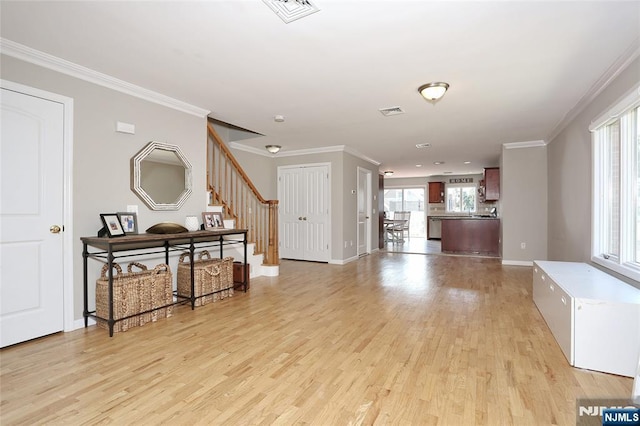 400 Lawton Ave Unit C0400, Cliffside Park, NJ 07010 - living room with light wood-style flooring, stairs, and crown molding