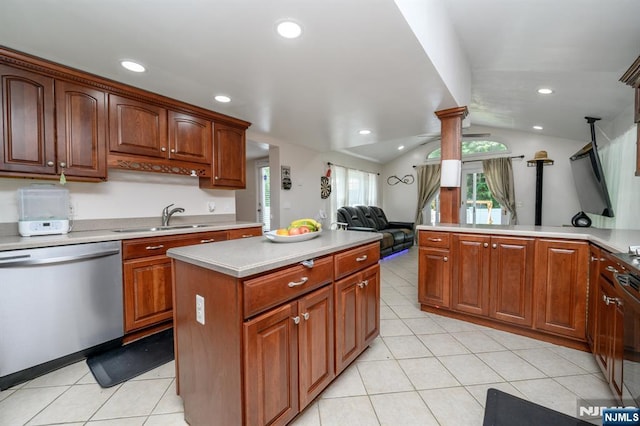 20 Card St, Hamburg, NJ 07419 - kitchen featuring stainless steel dishwasher, lofted ceiling, light countertops, open floor plan, and light tile patterned flooring