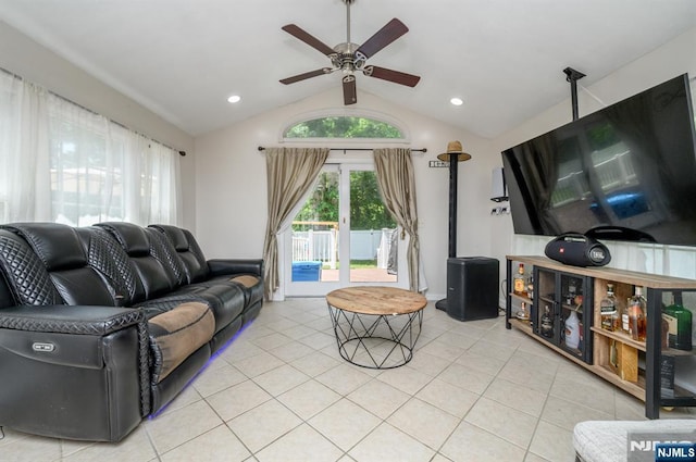 20 Card St, Hamburg, NJ 07419 - tiled living room featuring ceiling fan, lofted ceiling, and recessed lighting