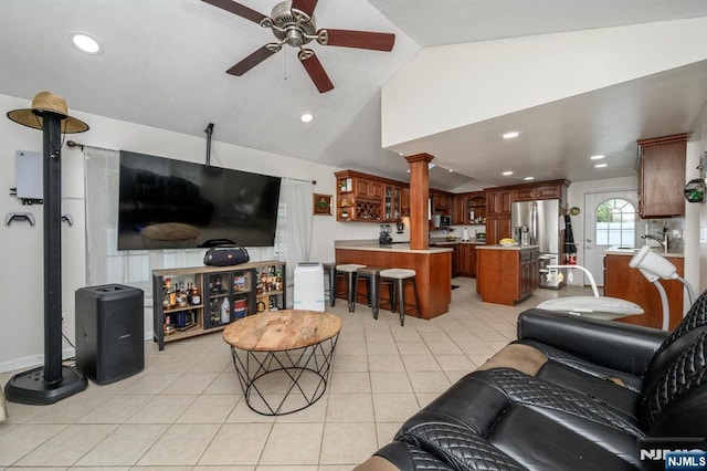 20 Card St, Hamburg, NJ 07419 - living room featuring a ceiling fan, vaulted ceiling, decorative columns, light tile patterned floors, and recessed lighting