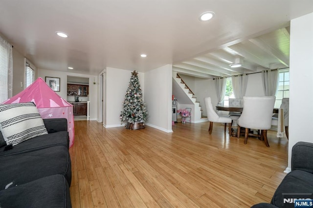 20 Card St, Hamburg, NJ 07419 - living area featuring stairs, light wood-style flooring, and recessed lighting
