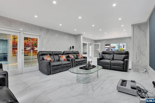 85 Francisco Ave, Little Falls, NJ 07424 - living area featuring french doors, marble tiled floors, and recessed lighting