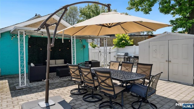 80 Union Ave, Little Ferry, NJ 07643 - view of patio with a shed, an outdoor living space, outdoor dining area, and area for grilling