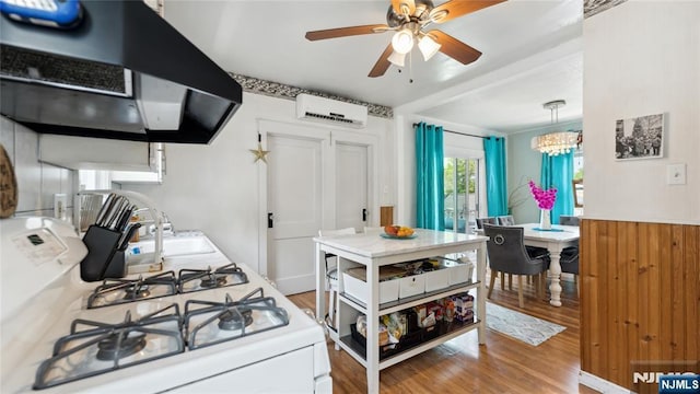 80 Union Ave, Little Ferry, NJ 07643 - kitchen featuring exhaust hood, white gas range, wood finished floors, a wall mounted AC, and a ceiling fan