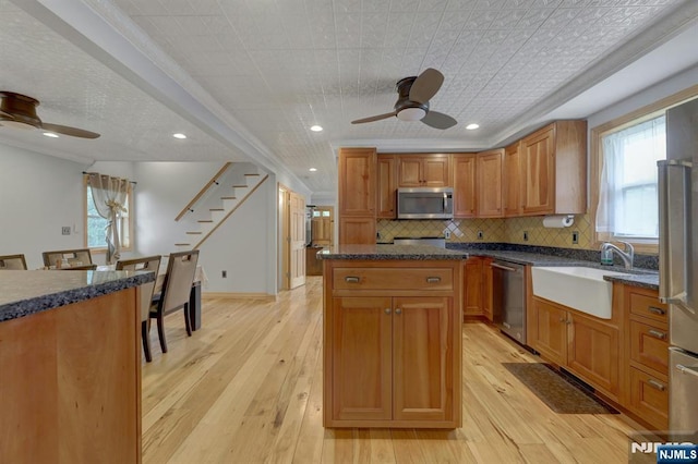 14 N Railroad Ave, Mahwah, NJ 07430 - kitchen with a ceiling fan, appliances with stainless steel finishes, a center island, plenty of natural light, and recessed lighting