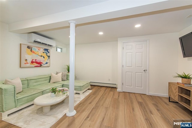 146 Raab Ave, Bloomfield, NJ 07003 - living room featuring a wall mounted AC, baseboard heating, light wood-style floors, and recessed lighting