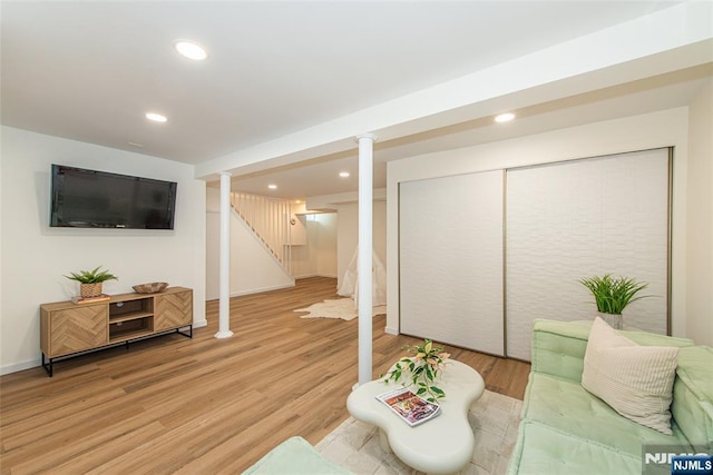 146 Raab Ave, Bloomfield, NJ 07003 - living area featuring light wood-type flooring, recessed lighting, and stairs