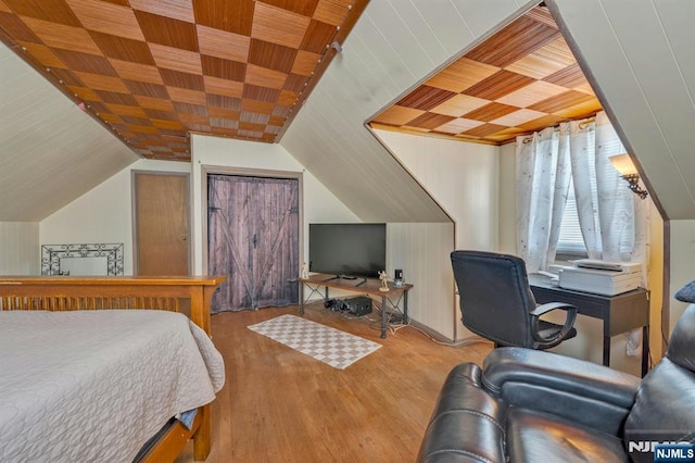 116 Springfield Ave, Hasbrouck Heights, NJ 07604 - bedroom featuring wood finished floors, a desk, wooden ceiling, and lofted ceiling