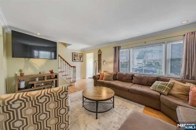 116 Springfield Ave, Hasbrouck Heights, NJ 07604 - living area featuring ornamental molding, stairway, light wood-type flooring, and recessed lighting