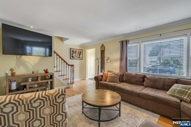 116 Springfield Ave, Hasbrouck Heights, NJ 07604 - living room featuring stairs, ornamental molding, light wood-style flooring, and recessed lighting
