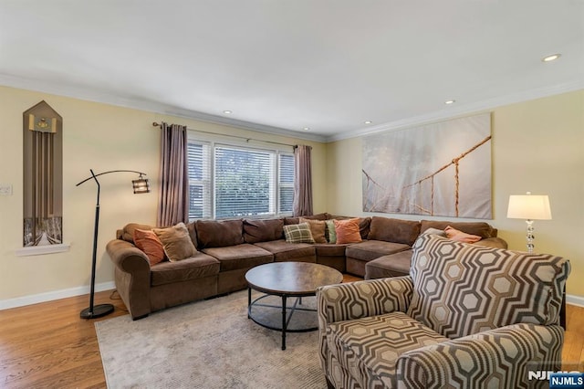 116 Springfield Ave, Hasbrouck Heights, NJ 07604 - living room with light wood-style flooring, crown molding, and recessed lighting