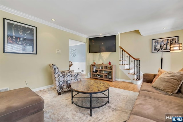 116 Springfield Ave, Hasbrouck Heights, NJ 07604 - living area with stairs, crown molding, and recessed lighting