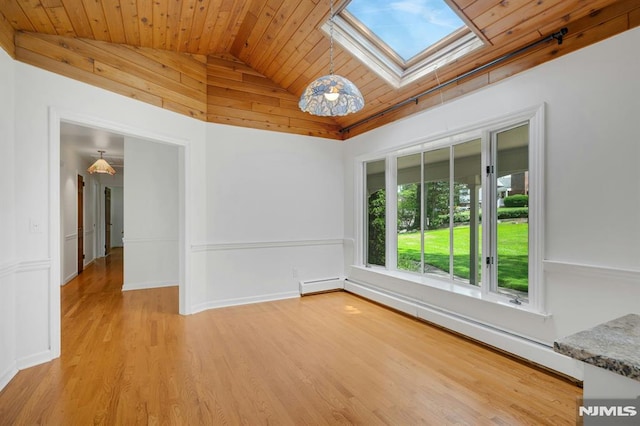 34 Tintle Rd, Kinnelon Borough, NJ 07405 - empty room featuring wood ceiling, baseboard heating, vaulted ceiling, a skylight, and light wood finished floors