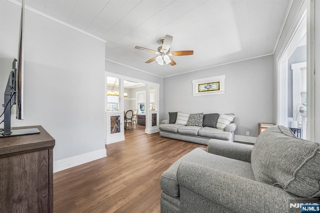 434 3rd Ave, Lyndhurst, NJ 07071 - living room featuring a ceiling fan, ornamental molding, and wood finished floors