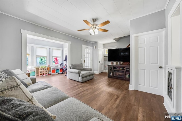 434 3rd Ave, Lyndhurst, NJ 07071 - living room featuring ornamental molding, ceiling fan, and wood finished floors
