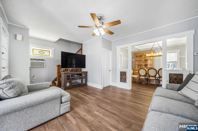 434 3rd Ave, Lyndhurst, NJ 07071 - living room with ornamental molding, wood finished floors, ceiling fan, and a chandelier