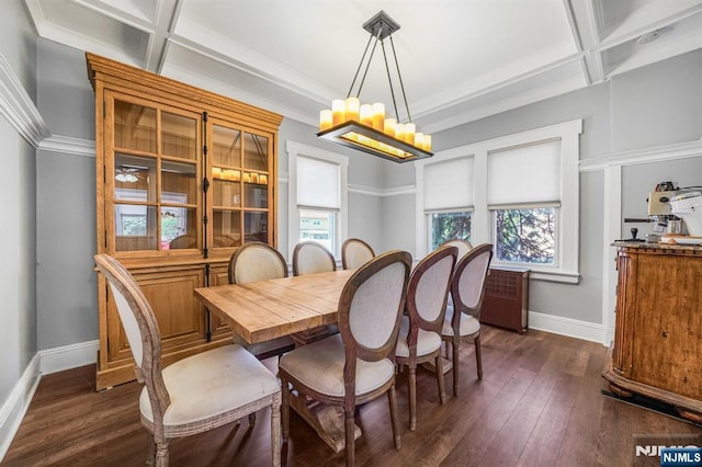 434 3rd Ave, Lyndhurst, NJ 07071 - dining space with coffered ceiling, a chandelier, dark wood-type flooring, beam ceiling, and crown molding