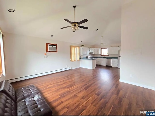 137 Prospect St, Lodi, NJ 07644 - unfurnished living room with a baseboard radiator, dark wood-type flooring, a ceiling fan, an AC wall unit, and vaulted ceiling